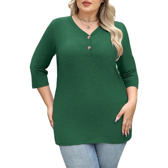 Plus Size Women's Blouses 3/4 Sleeve Button Down Tunics Casual Loose Tops - Picture 3 of 6